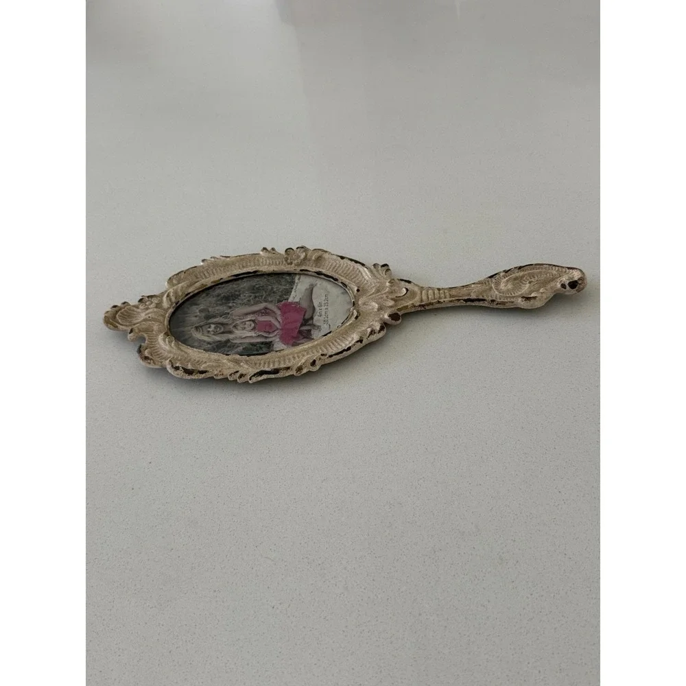 Vintage Ornate Hand Mirror Photo Frame Cast‎ Metal Shabby Cottage core Victorian